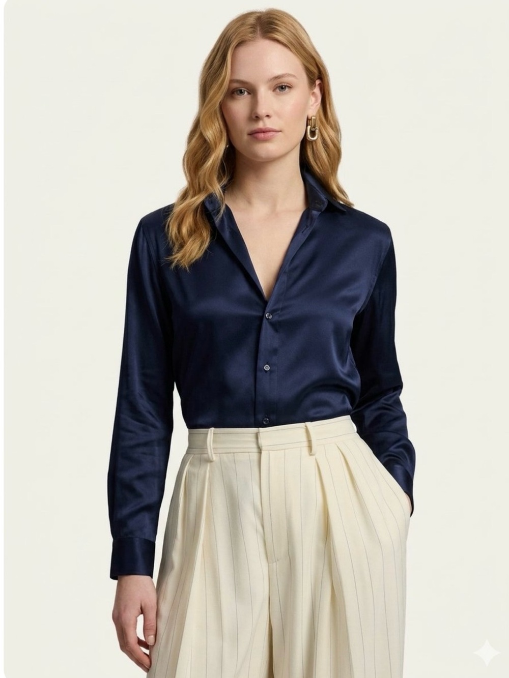 New dark navy blue long-sleeved satin button-down shirt with a classic collar S